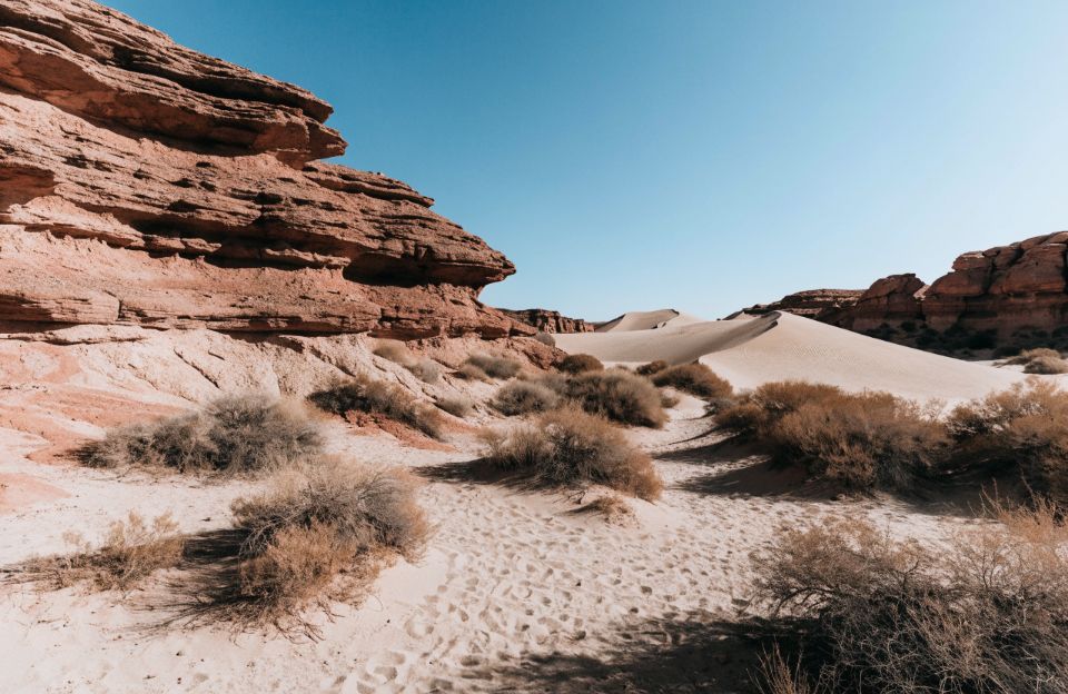 Desert canyon with red rocks, sand dunes and blue sky